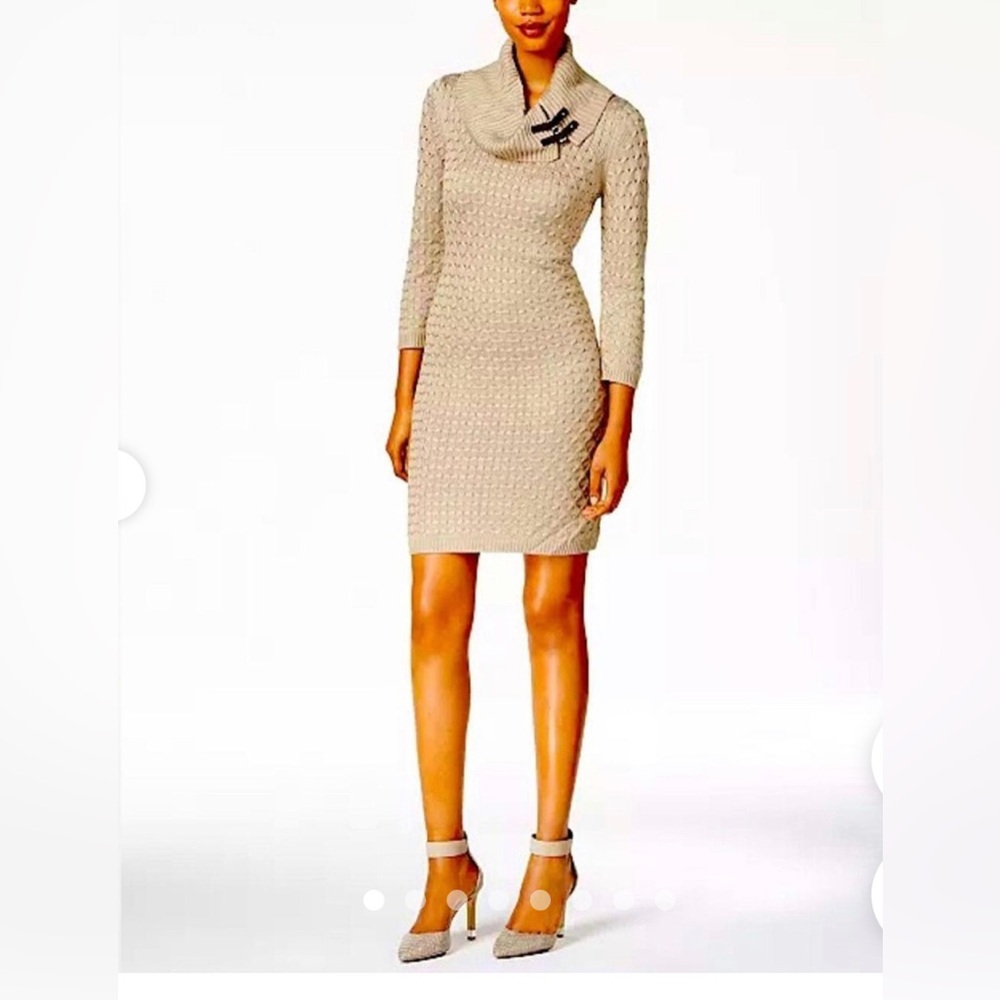 *NWT* Calvin Klein Women’s M Dark Tan Knit 3/4 Sleeves Cowl Neck Sweater Dress - Picture 14 of 14